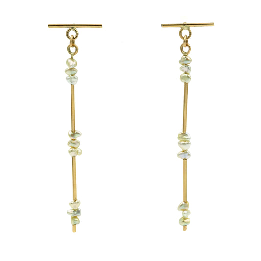 Christina Elizabeth Dangly Gold Earrings with Natural Keshi Pearls