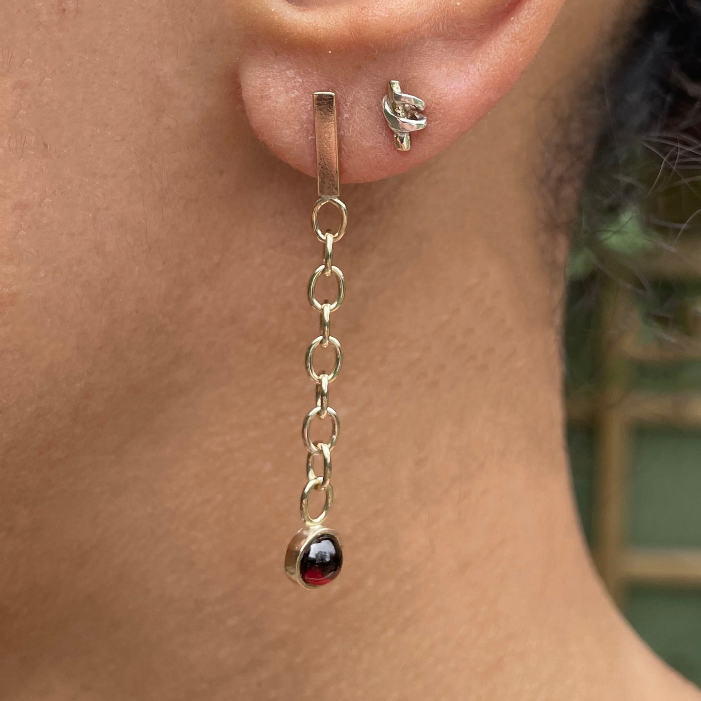 Gold Chain and Garnet Cabochon Earrings