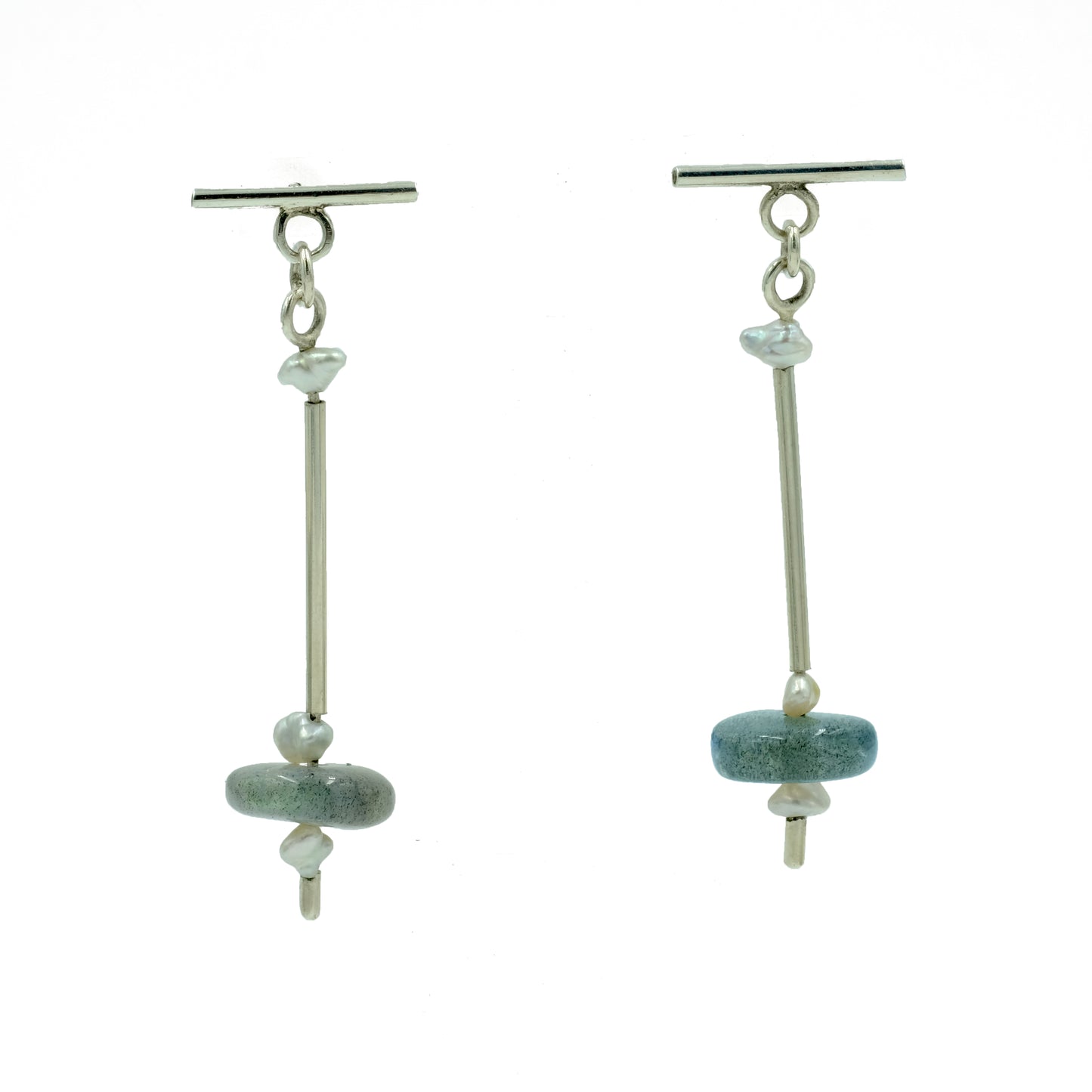 Labradorite and Natural Japanese Keshi Pearl Dangly Earrings