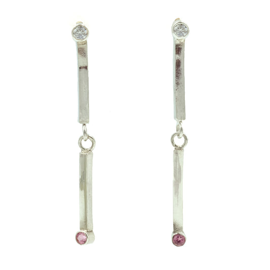 Christina Elizabeth Dangly Sterling SIlver Earrings with Moissanite and Tourmaline stones