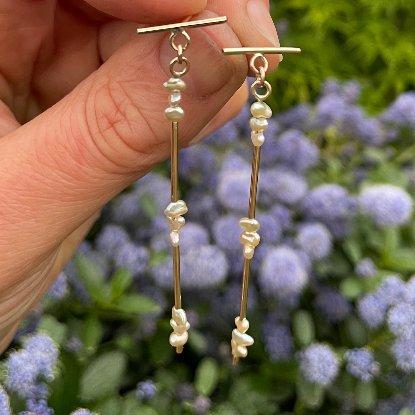 Christina Elizabeth - Dangly Earrings with Natural Keshi Pearls 9ct Gold